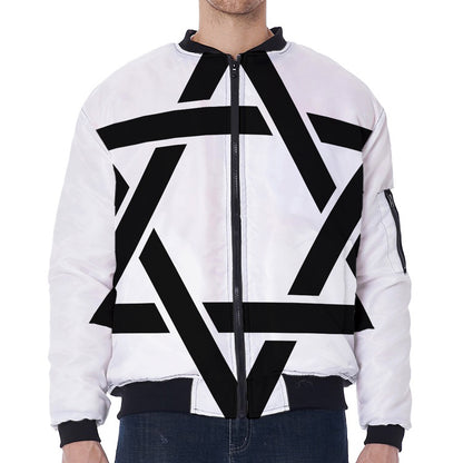 White And Black Star of David Print Zip Sleeve Bomber Jacket