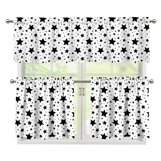 White And Black Star Pattern Print 3 Piece Kitchen Curtains