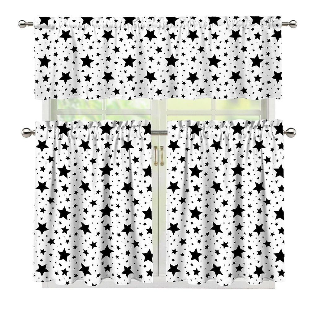 White And Black Star Pattern Print 3 Piece Kitchen Curtains
