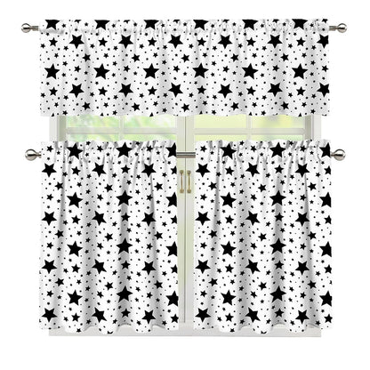 White And Black Star Pattern Print 3 Piece Kitchen Curtains