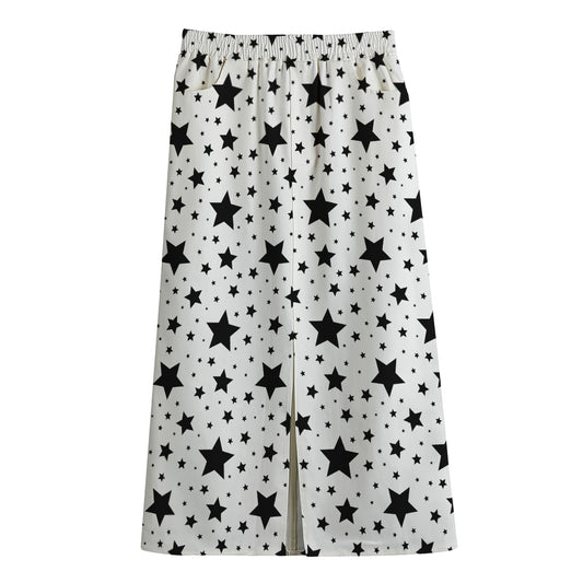 White And Black Star Pattern Print Cotton Front Slit Maxi Skirt