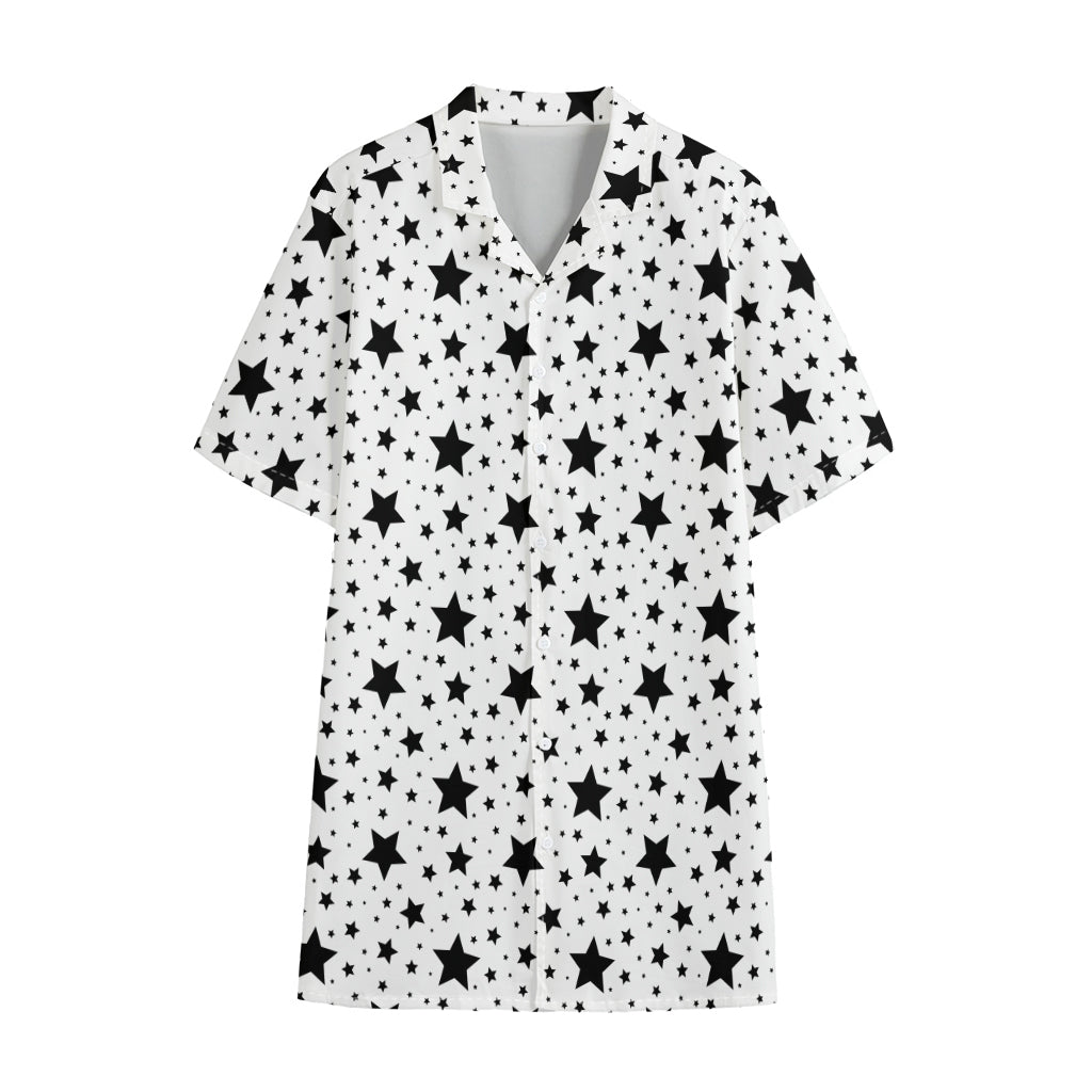 White And Black Star Pattern Print Cotton Hawaiian Shirt