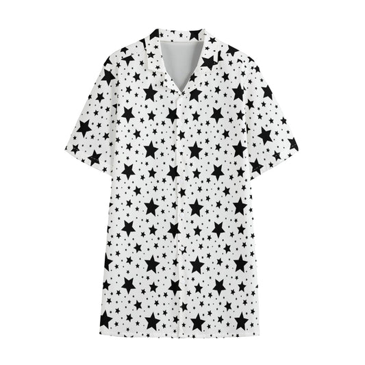 White And Black Star Pattern Print Cotton Hawaiian Shirt