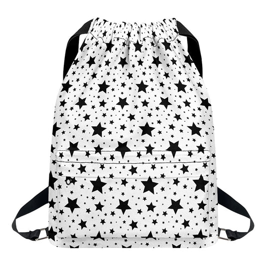 White And Black Star Pattern Print Drawstring Backpack