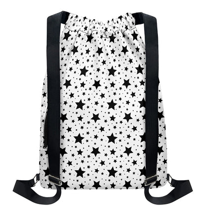 White And Black Star Pattern Print Drawstring Backpack