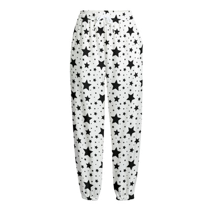 White And Black Star Pattern Print Fleece Lined Knit Pants