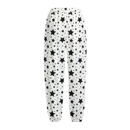 White And Black Star Pattern Print Fleece Lined Knit Pants