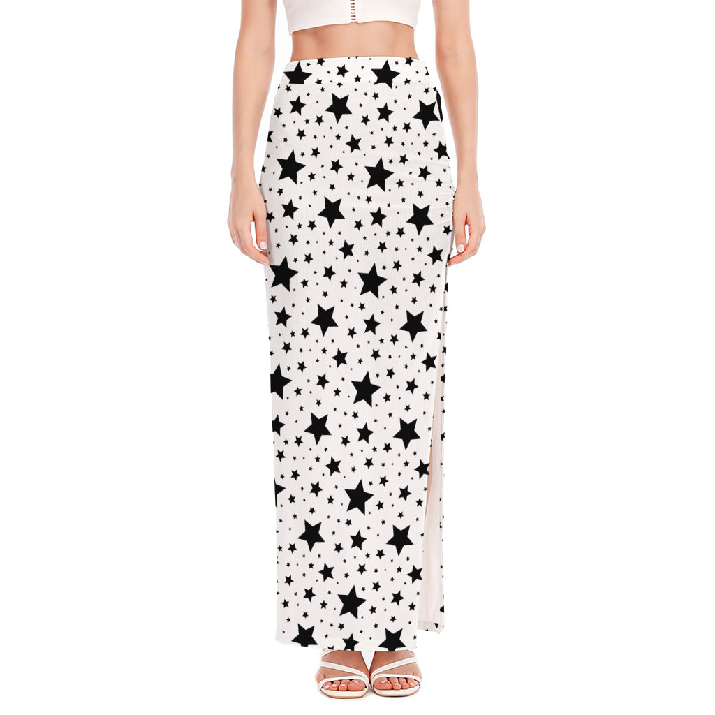 White And Black Star Pattern Print High Slit Maxi Skirt
