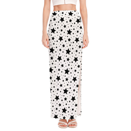 White And Black Star Pattern Print High Slit Maxi Skirt