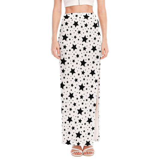 White And Black Star Pattern Print High Slit Maxi Skirt
