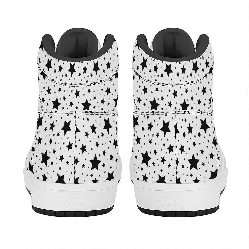 White And Black Star Pattern Print High Top Leather Sneakers