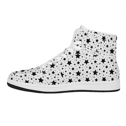 White And Black Star Pattern Print High Top Leather Sneakers