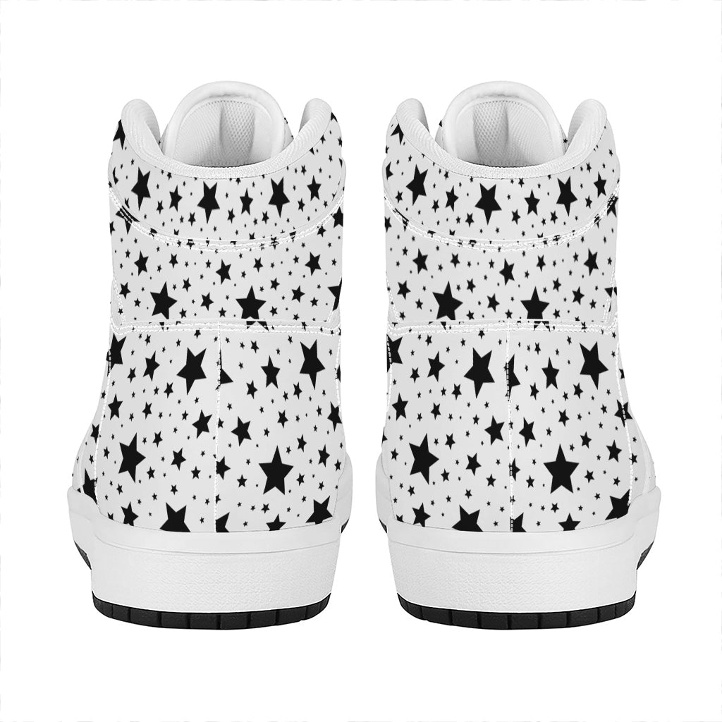 White And Black Star Pattern Print High Top Leather Sneakers