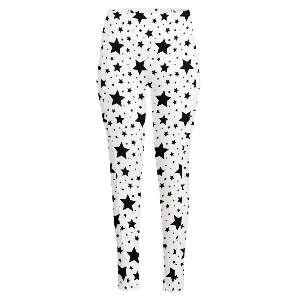 White And Black Star Pattern Print High-Waisted Pocket Leggings