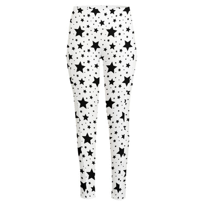 White And Black Star Pattern Print High-Waisted Pocket Leggings