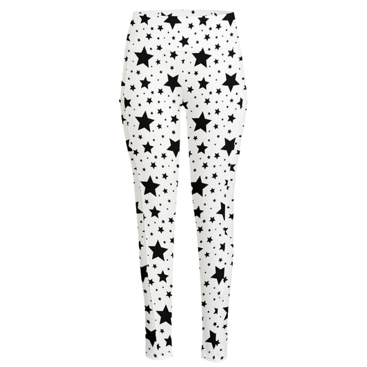 White And Black Star Pattern Print High-Waisted Pocket Leggings