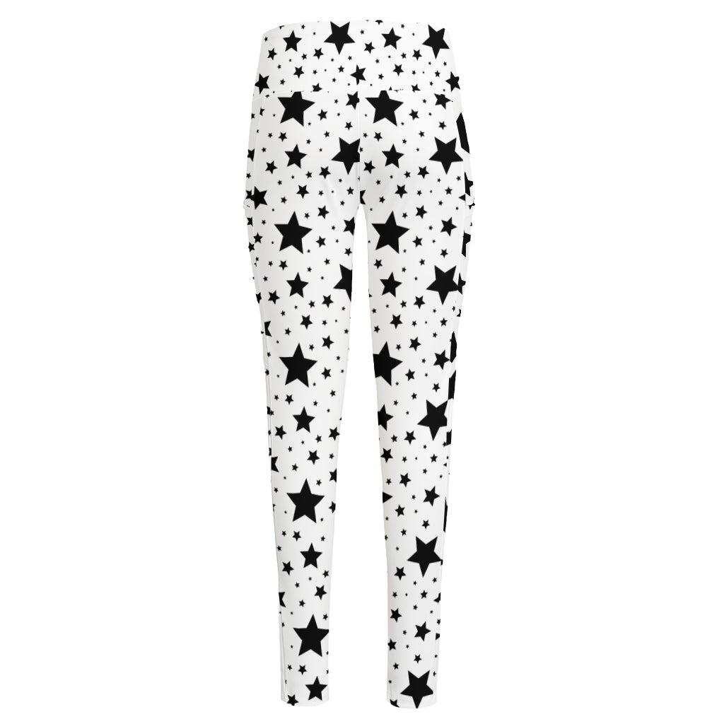 White And Black Star Pattern Print High-Waisted Pocket Leggings