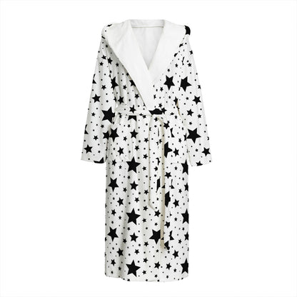 White And Black Star Pattern Print Hooded Bathrobe