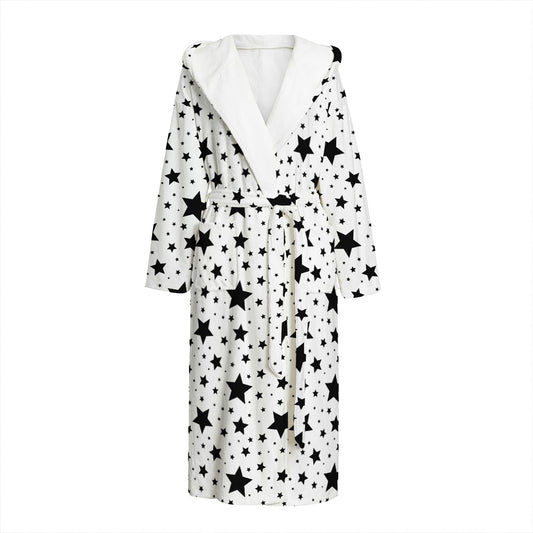 White And Black Star Pattern Print Hooded Bathrobe