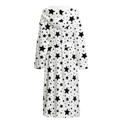 White And Black Star Pattern Print Hooded Bathrobe
