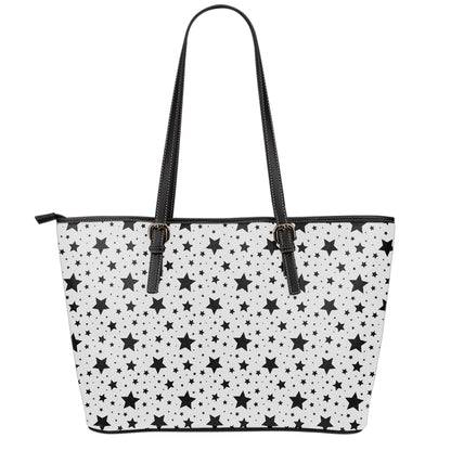 White And Black Star Pattern Print Leather Tote Bag