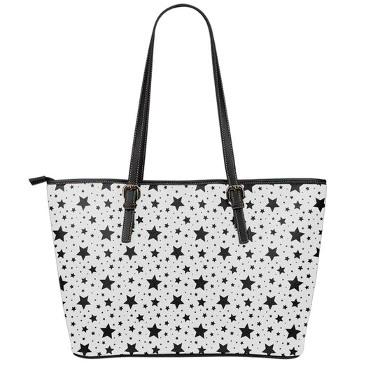 White And Black Star Pattern Print Leather Tote Bag
