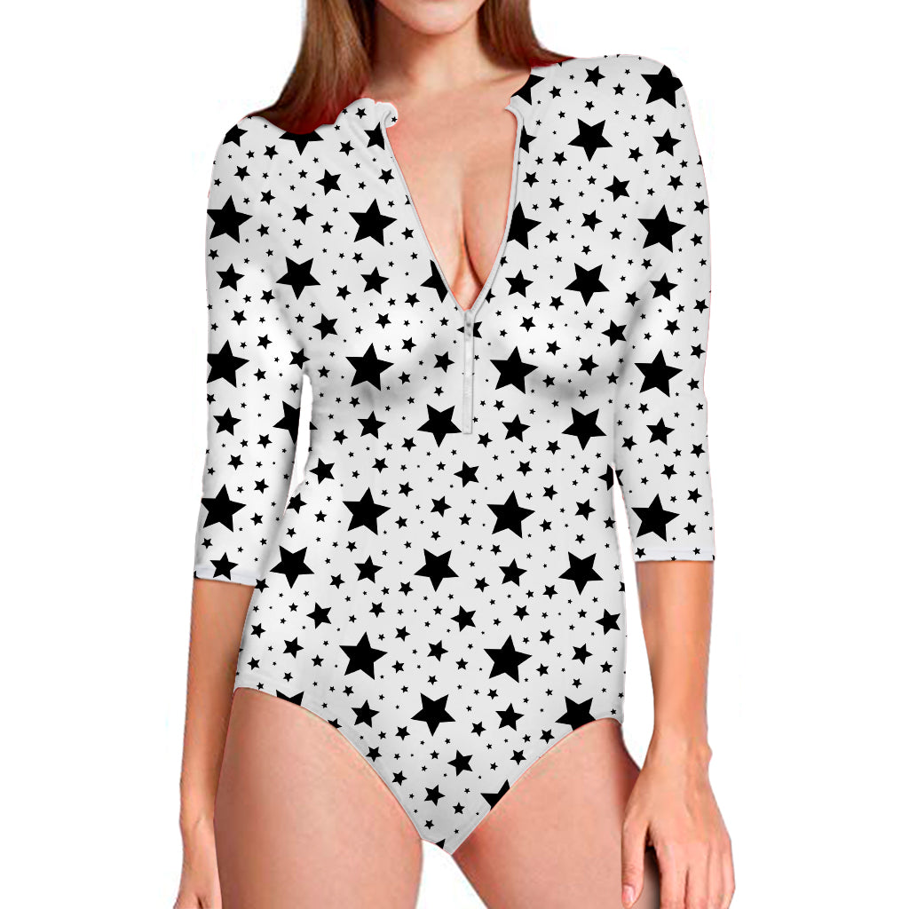 White And Black Star Pattern Print Long Sleeve Swimsuit