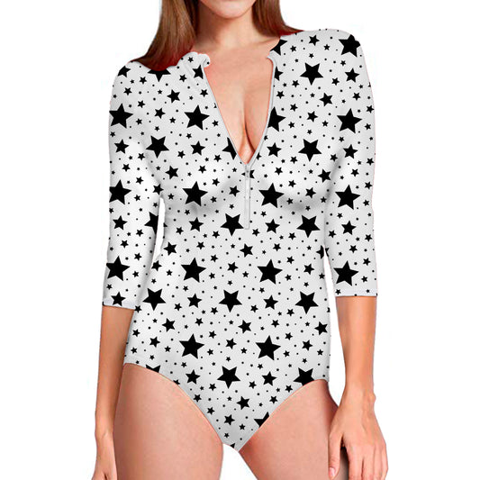 White And Black Star Pattern Print Long Sleeve Swimsuit