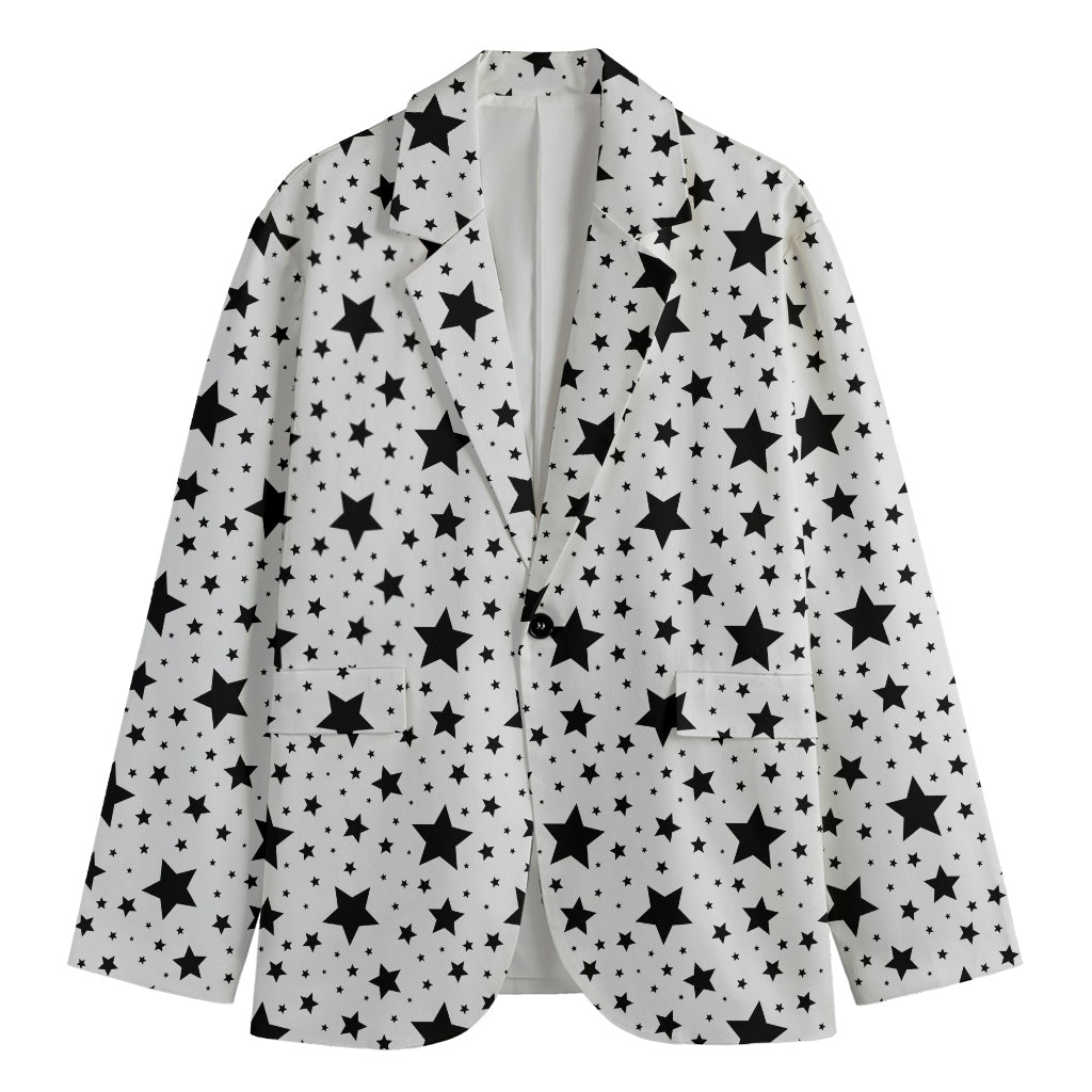 White And Black Star Pattern Print Men's Cotton Blazer