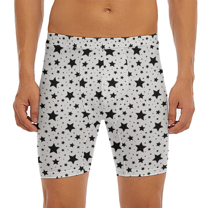 White And Black Star Pattern Print Men's Long Boxer Briefs