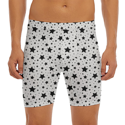White And Black Star Pattern Print Men's Long Boxer Briefs