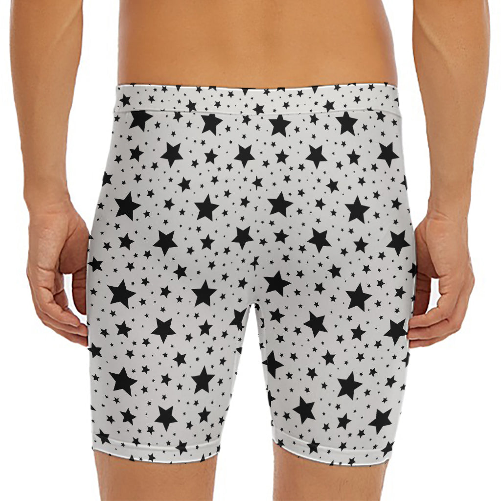 White And Black Star Pattern Print Men's Long Boxer Briefs