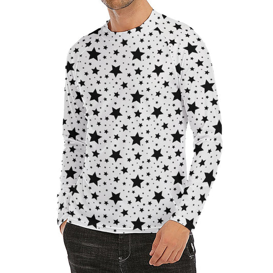 White And Black Star Pattern Print Men's Long Sleeve Rash Guard
