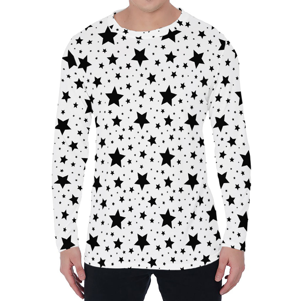 White And Black Star Pattern Print Men's Long Sleeve T-Shirt