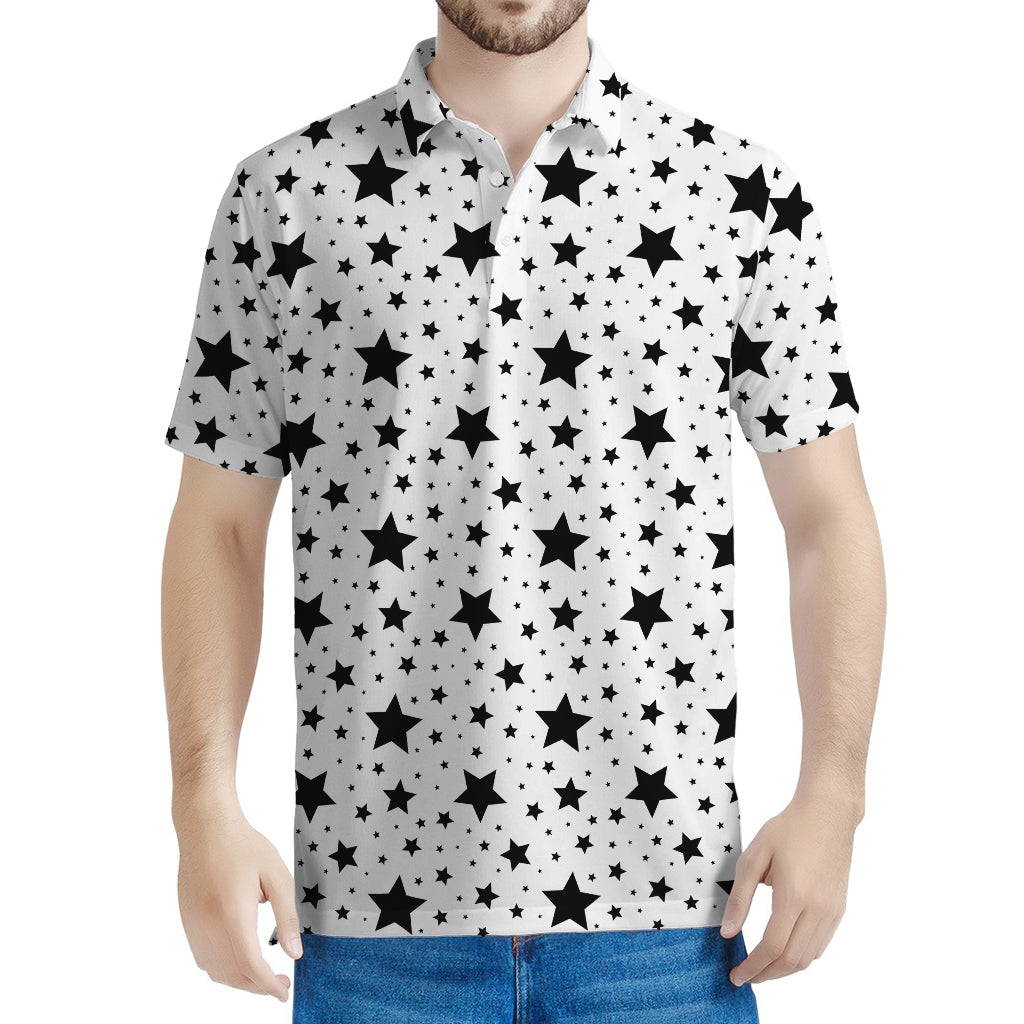 White And Black Star Pattern Print Men's Polo Shirt
