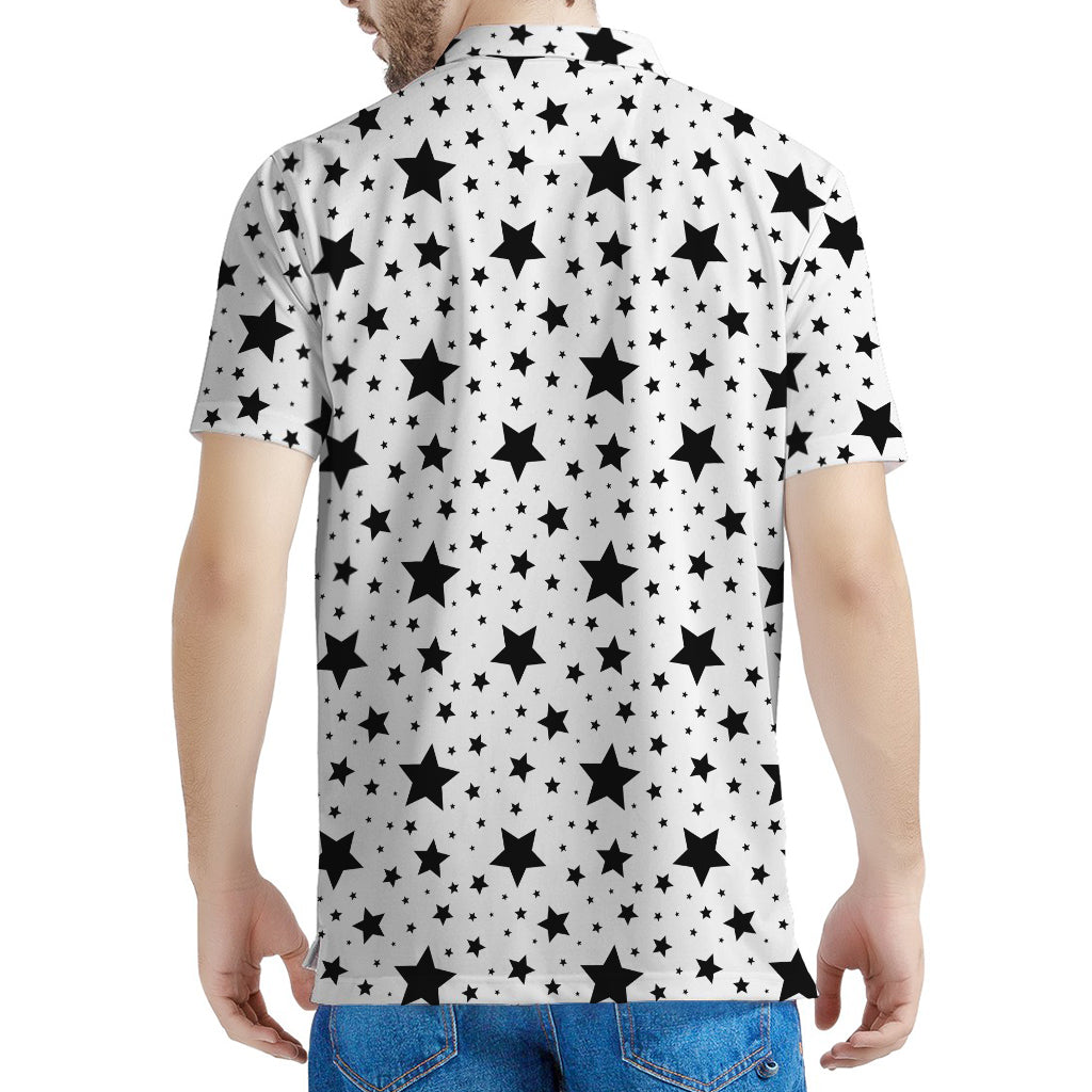 White And Black Star Pattern Print Men's Polo Shirt