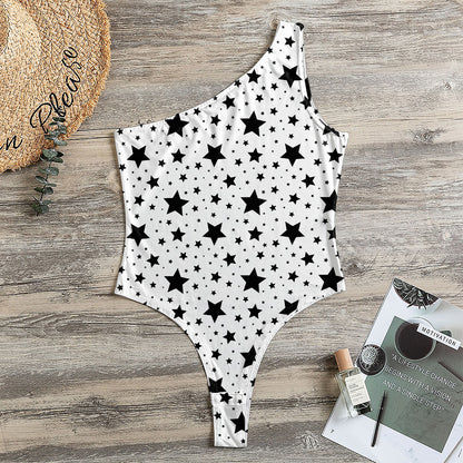 White And Black Star Pattern Print One Shoulder Bodysuit