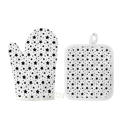 White And Black Star Pattern Print Oven Mitt And Pot Holder Set