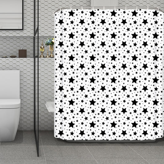 White And Black Star Pattern Print Polyester Shower Curtain