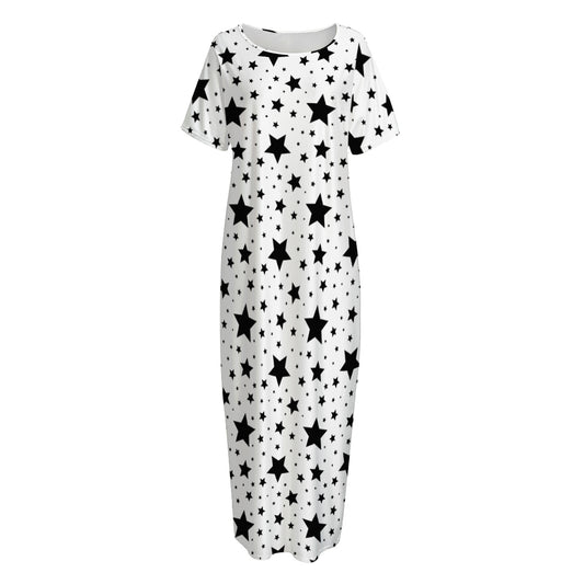 White And Black Star Pattern Print Short Sleeve Long Nightdress