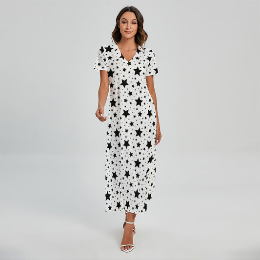 White And Black Star Pattern Print Short Sleeve Maxi Dress