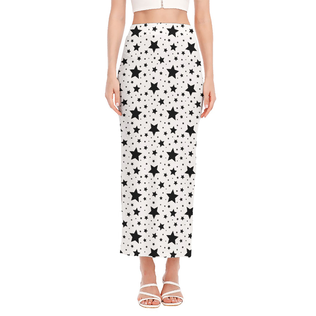 White And Black Star Pattern Print Side Slit Maxi Skirt