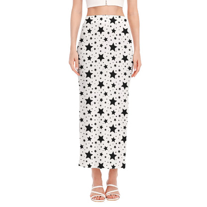 White And Black Star Pattern Print Side Slit Maxi Skirt
