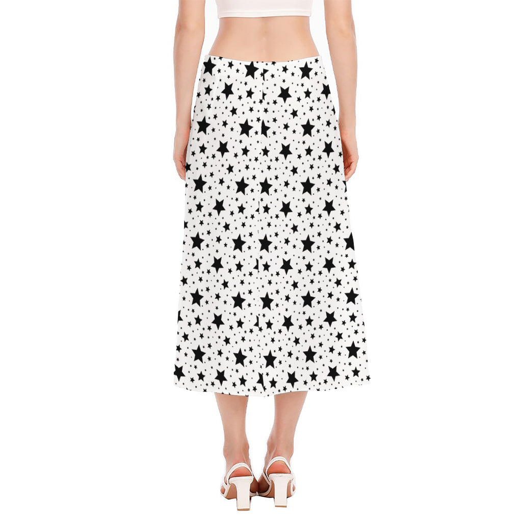 White And Black Star Pattern Print Side Slit Midi Skirt