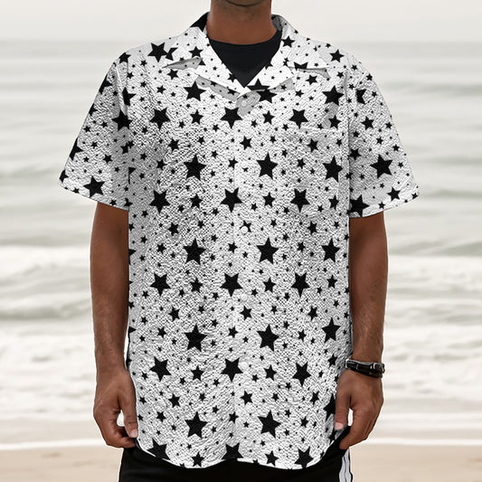White And Black Star Pattern Print Textured Short Sleeve Shirt
