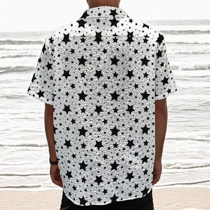 White And Black Star Pattern Print Textured Short Sleeve Shirt