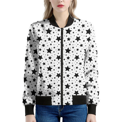 White And Black Star Pattern Print Women's Bomber Jacket