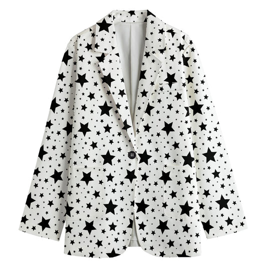 White And Black Star Pattern Print Women's Cotton Blazer