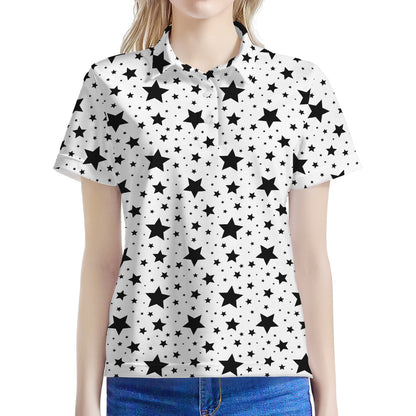 White And Black Star Pattern Print Women's Polo Shirt