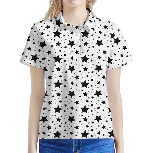 White And Black Star Pattern Print Women's Polo Shirt